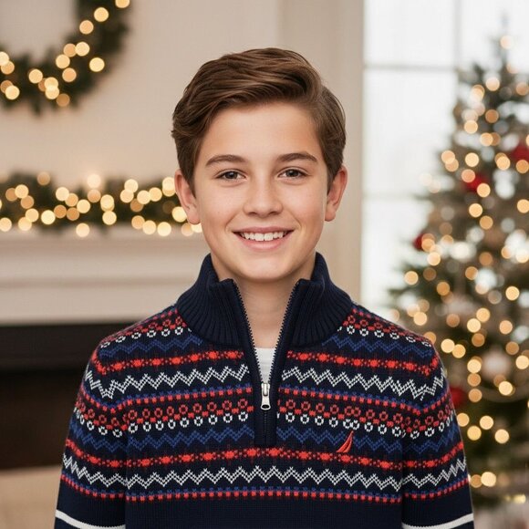 Nautica KIDS Fair Isle Quarter Zip Sweater Striped Knit Pullover Logo Classic - Picture 2 of 12